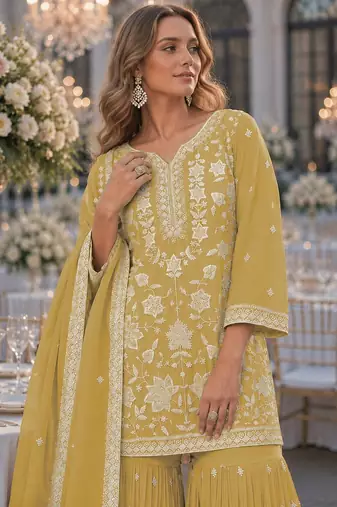 Yellow chiffon semi stitched suit with embroidery thread & khatli work