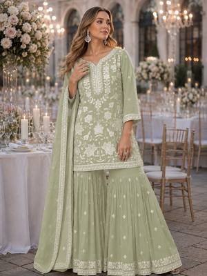 Green chiffon suit with embroidery thread & khatli work 1