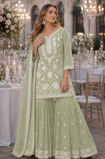 Green chiffon semi stitched suit with embroidery thread & khatli work