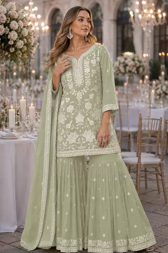 Green chiffon semi stitched suit with embroidery thread & khatli work