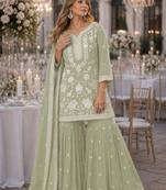 Green chiffon semi stitched suit with embroidery thread & khatli work