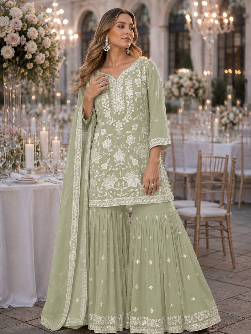 Green chiffon semi stitched suit with embroidery thread & khatli work