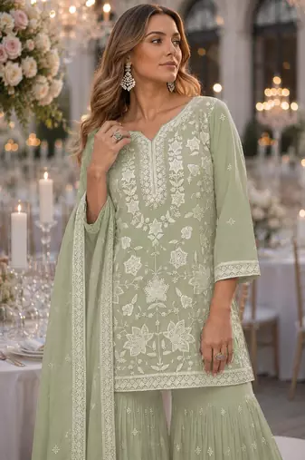Green chiffon semi stitched suit with embroidery thread & khatli work