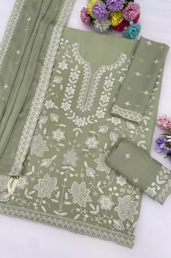 Green chiffon semi stitched suit with embroidery thread & khatli work