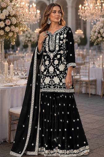 Black chiffon semi stitched suit with embroidery thread & khatli work