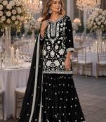 Black chiffon semi stitched suit with embroidery thread & khatli work