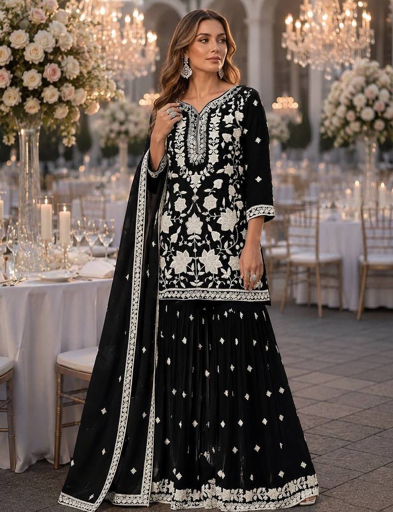 Black chiffon semi stitched suit with embroidery thread & khatli work