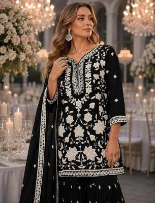 Black chiffon suit with embroidery thread & khatli work 2