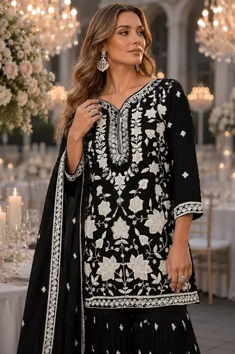Black chiffon semi stitched suit with embroidery thread & khatli work