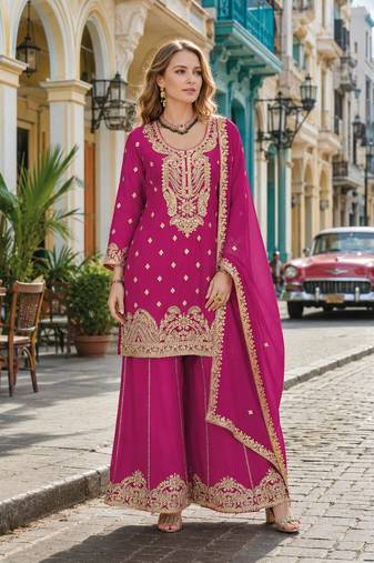 Rani pink chinon semi stitched suit with embroidery coding & sequence work