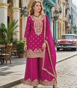 Rani pink chinon semi stitched suit with embroidery coding & sequence work