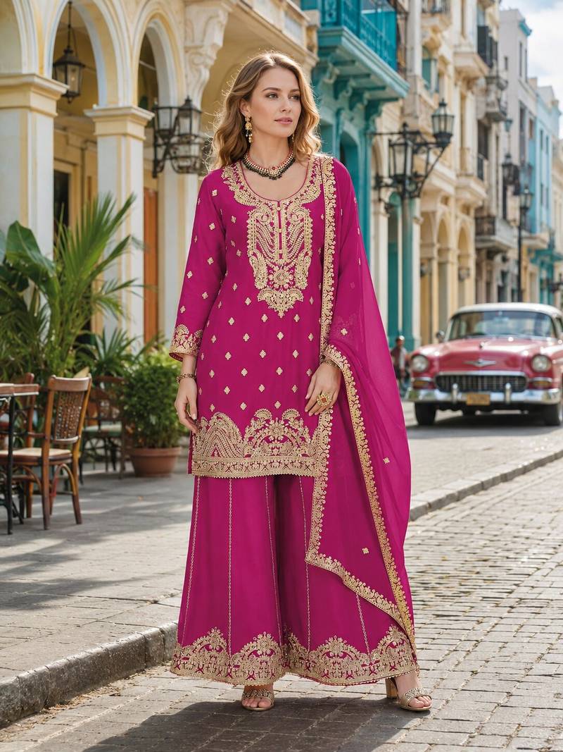 Rani pink chinon semi stitched suit with embroidery coding & sequence work