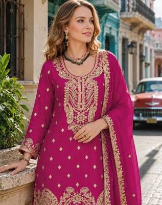 Rani pink chinon suit with embroidery coding & sequin work 2