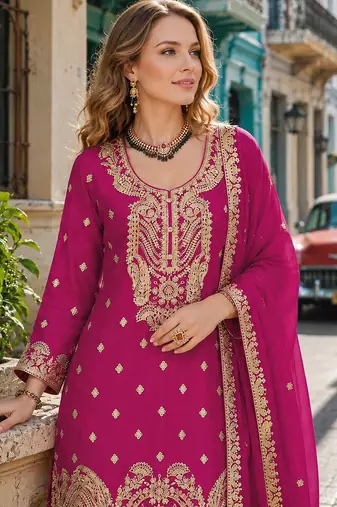 Rani pink chinon semi stitched suit with embroidery coding & sequin work
