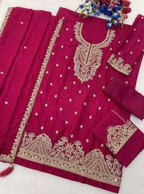Rani pink chinon suit with embroidery coding & sequin work 3