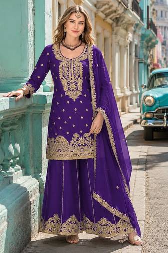Violet chinon semi stitched suit with embroidery coding & sequin work