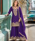 Violet chinon semi stitched suit with embroidery coding & sequence work