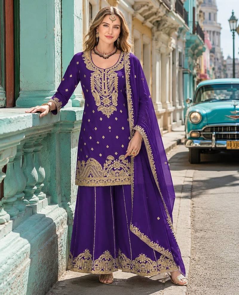 Violet chinon semi stitched suit with embroidery coding & sequence work