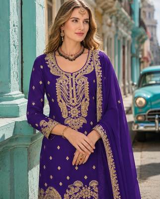 Violet chinon suit with embroidery coding & sequin work 2