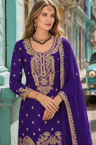 Violet chinon suit with embroidery coding & sequin work
