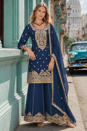 Teal chinon semi stitched suit with embroidery coding & sequence work