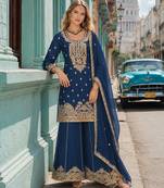 Teal chinon semi stitched suit with embroidery coding & sequence work