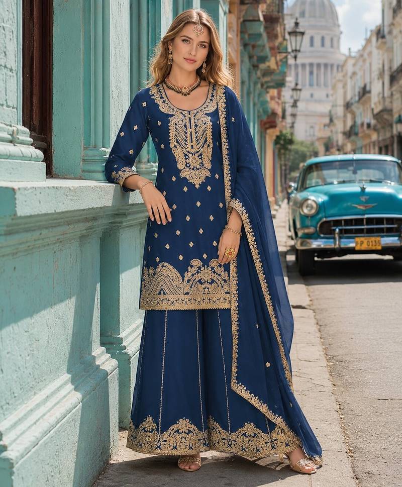 Teal chinon semi stitched suit with embroidery coding & sequence work