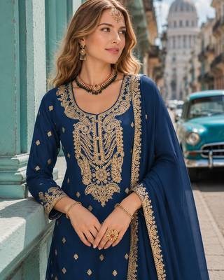 Teal chinon suit with embroidery coding & sequin work 2