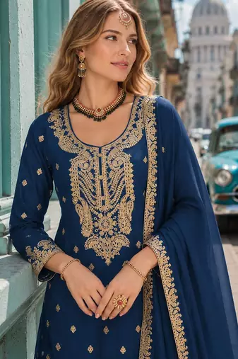 Teal chinon suit with embroidery coding & sequin work
