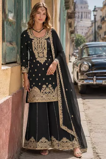 Black chinon suit with embroidery coding & sequin work