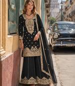 Black chinon semi stitched suit with embroidery coding & sequence work