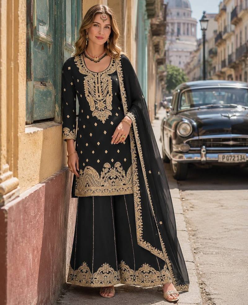 Black chinon semi stitched suit with embroidery coding & sequence work