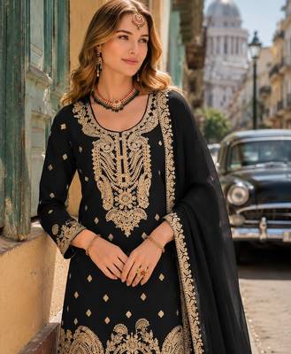 Black chinon suit with embroidery coding & sequin work 2