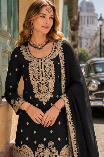 Black chinon suit with embroidery coding & sequin work