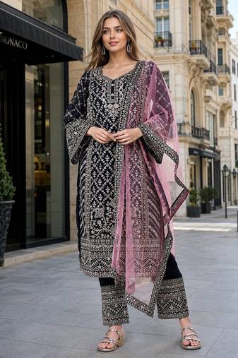 Maroon georgette semi stitched suit with embroidery coding & sequin work