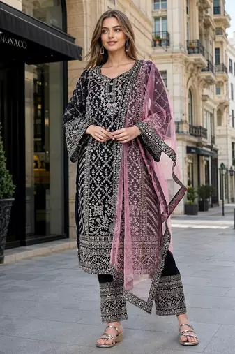 Maroon georgette semi stitched suit with embroidery coding & sequin work