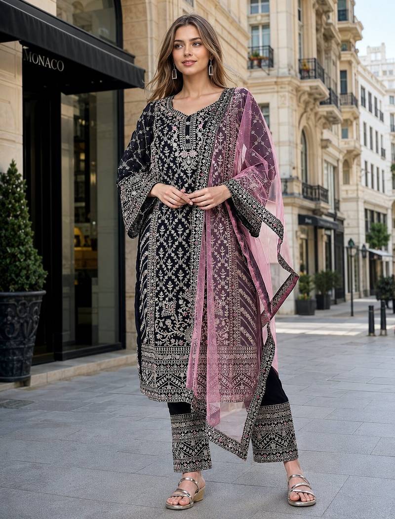 Maroon georgette semi stitched suit with embroidery coding & sequence work