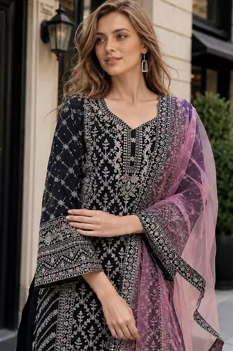Maroon georgette semi stitched suit with embroidery coding & sequin work