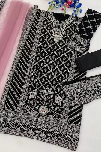 Maroon georgette semi stitched suit with embroidery coding & sequin work