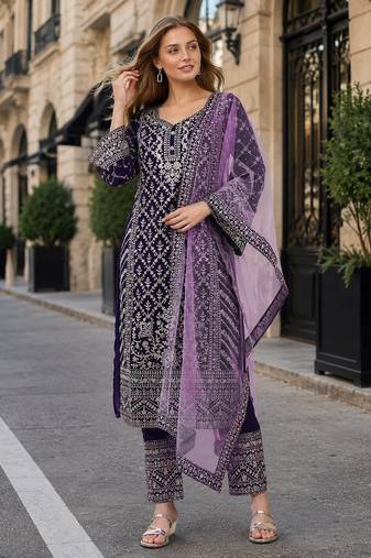 Purple georgette semi stitched suit with embroidery coding & sequence work
