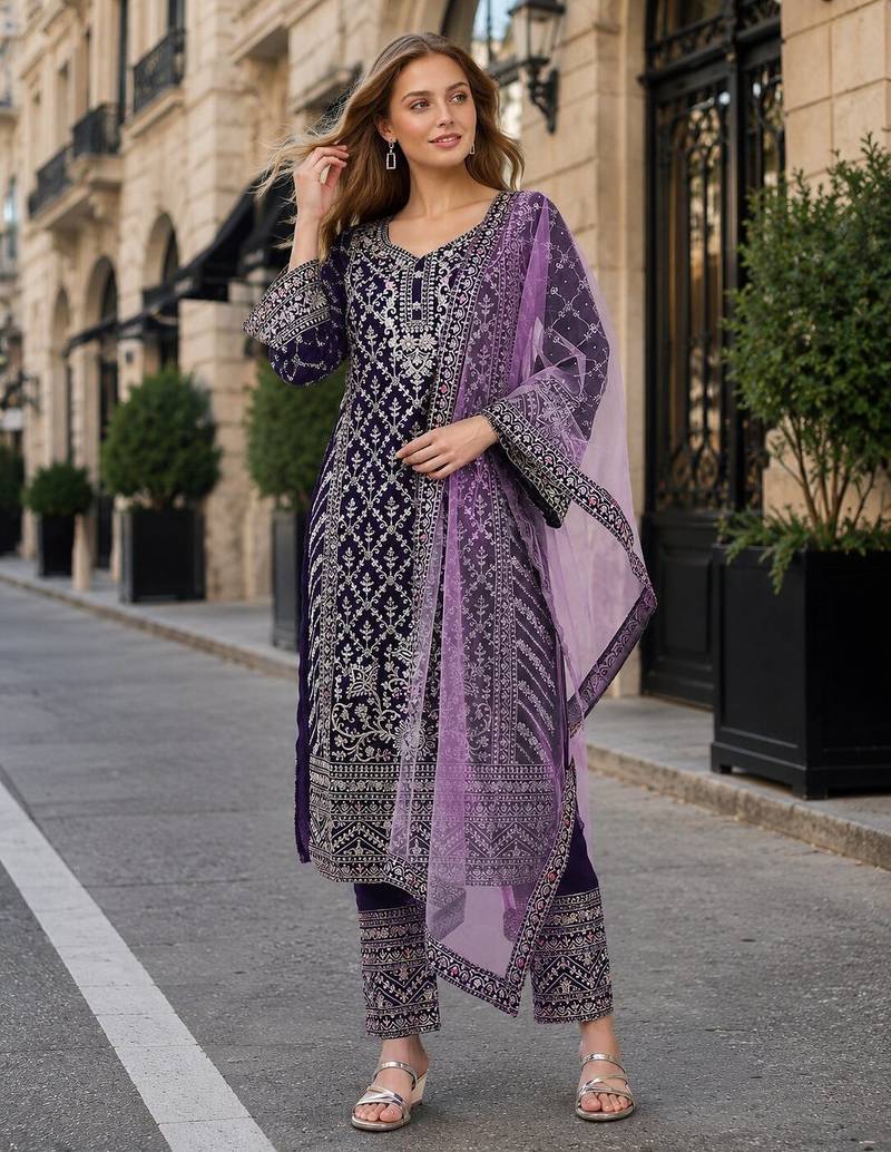 Purple georgette semi stitched suit with embroidery coding & sequence work