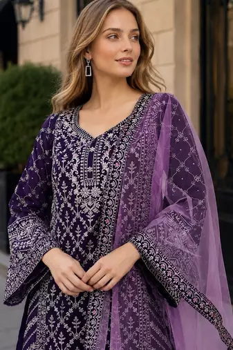 Purple georgette suit with embroidery coding & sequin work