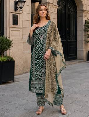 D green georgette suit with embroidery coding & sequin work 1