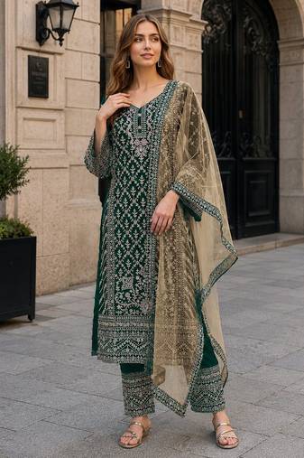 D green georgette semi stitched suit with embroidery coding & sequence work