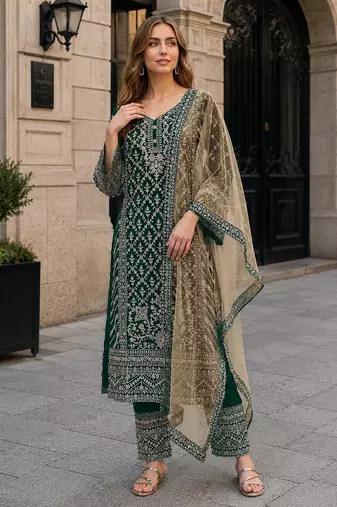 D green georgette suit with embroidery coding & sequin work