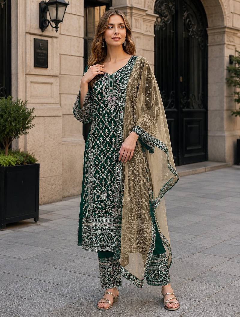 D green georgette semi stitched suit with embroidery coding & sequence work