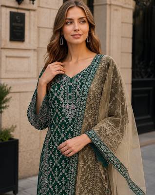 D green georgette suit with embroidery coding & sequin work 2