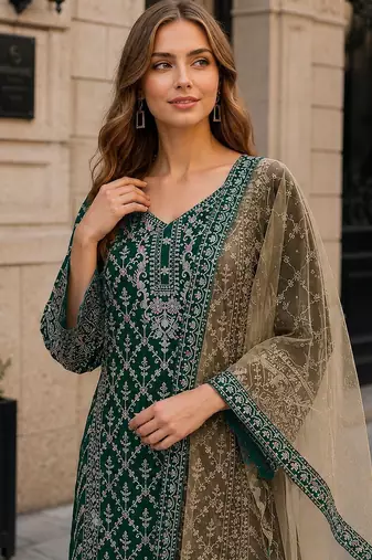 D green georgette suit with embroidery coding & sequin work