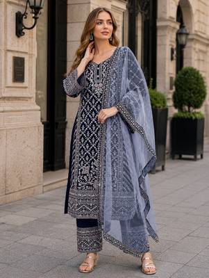 Navy georgette suit with embroidery coding & sequin work 1
