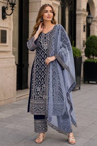 Navy georgette semi stitched suit with embroidery coding & sequence work